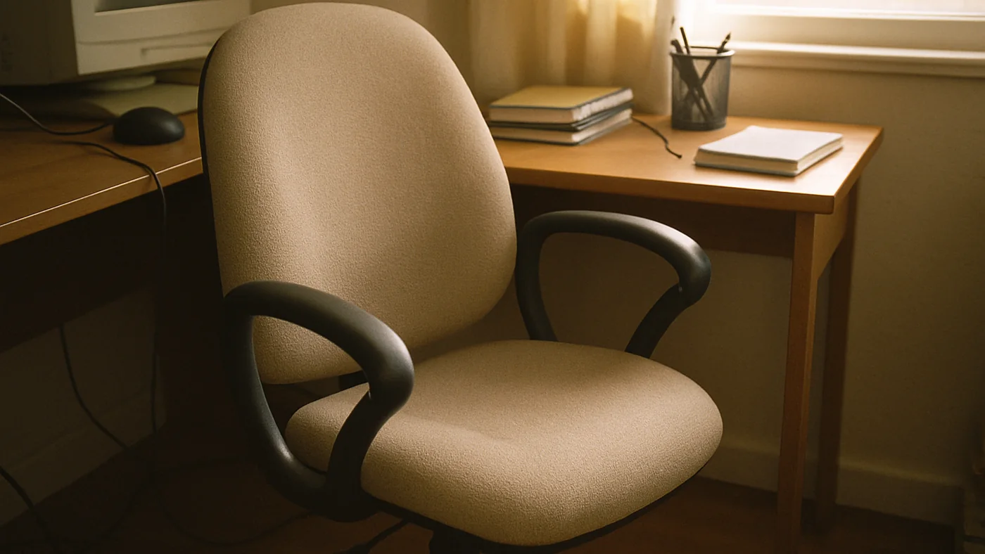 Beige ergonomic office chair in a warm lived-in workspace