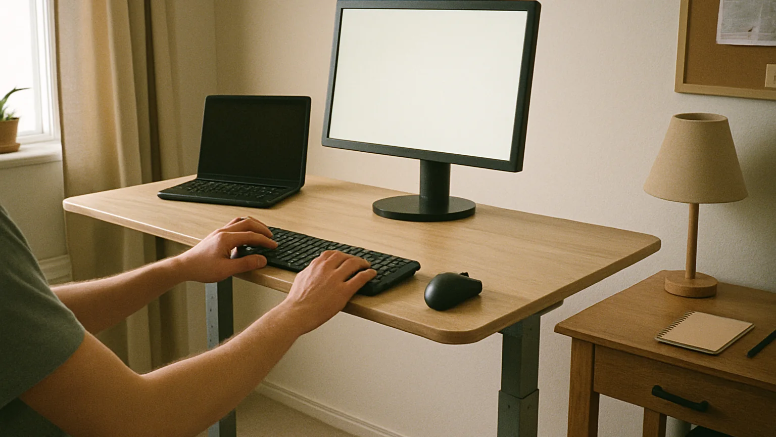 Monitor and Keyboard Setup adjustable desk workspace detail