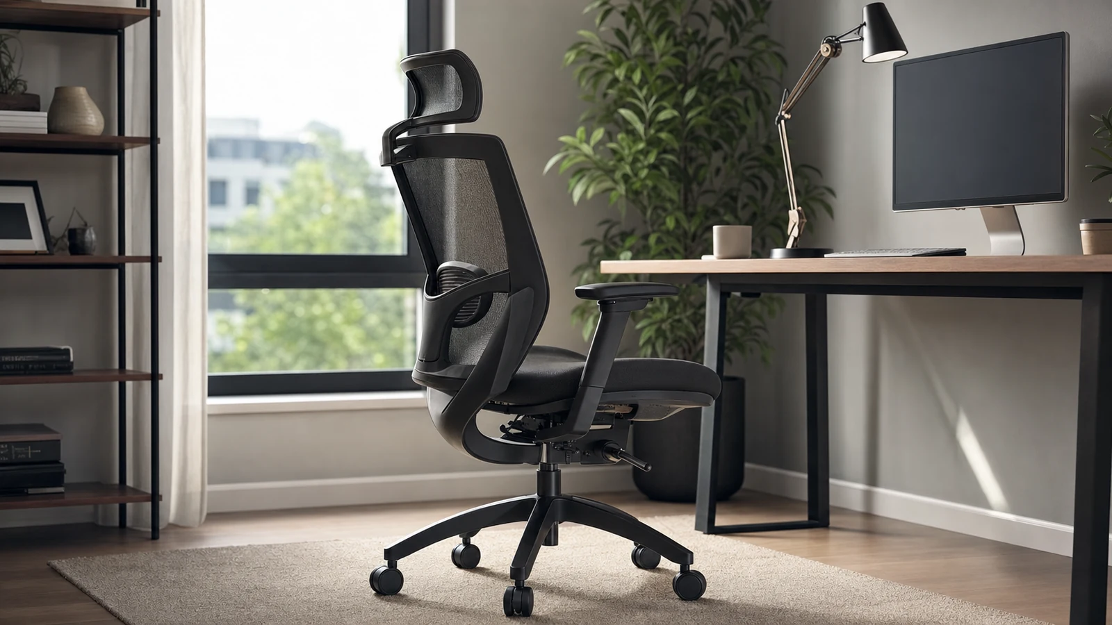 Ergonomic office chair with lumbar support in a calm workspace