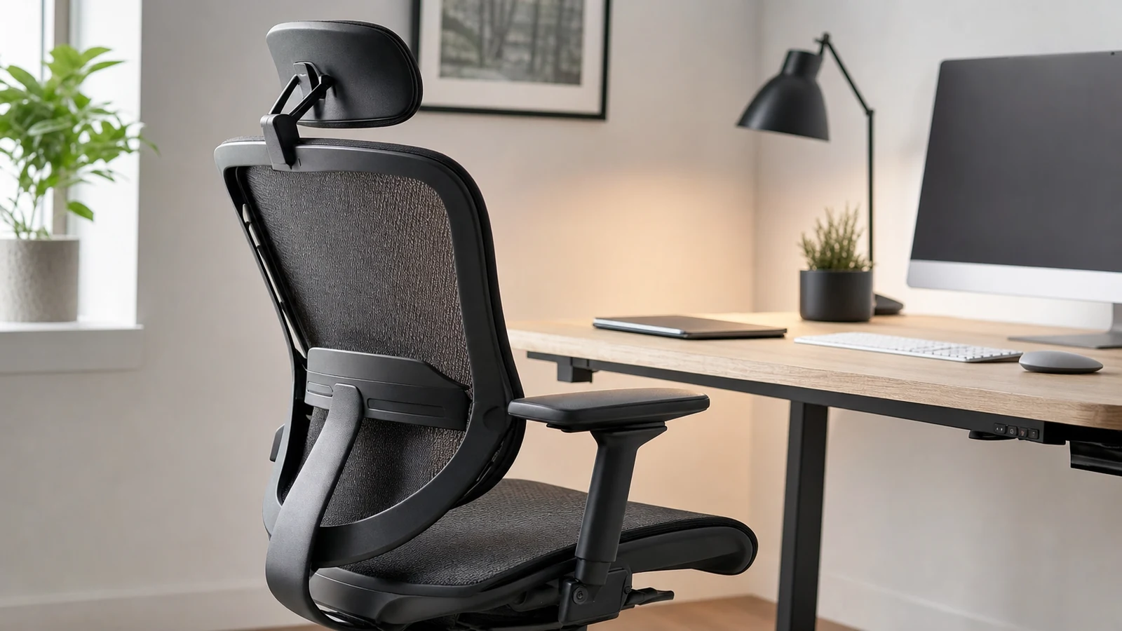 Adjustable ergonomic office chair beside a clean workstation