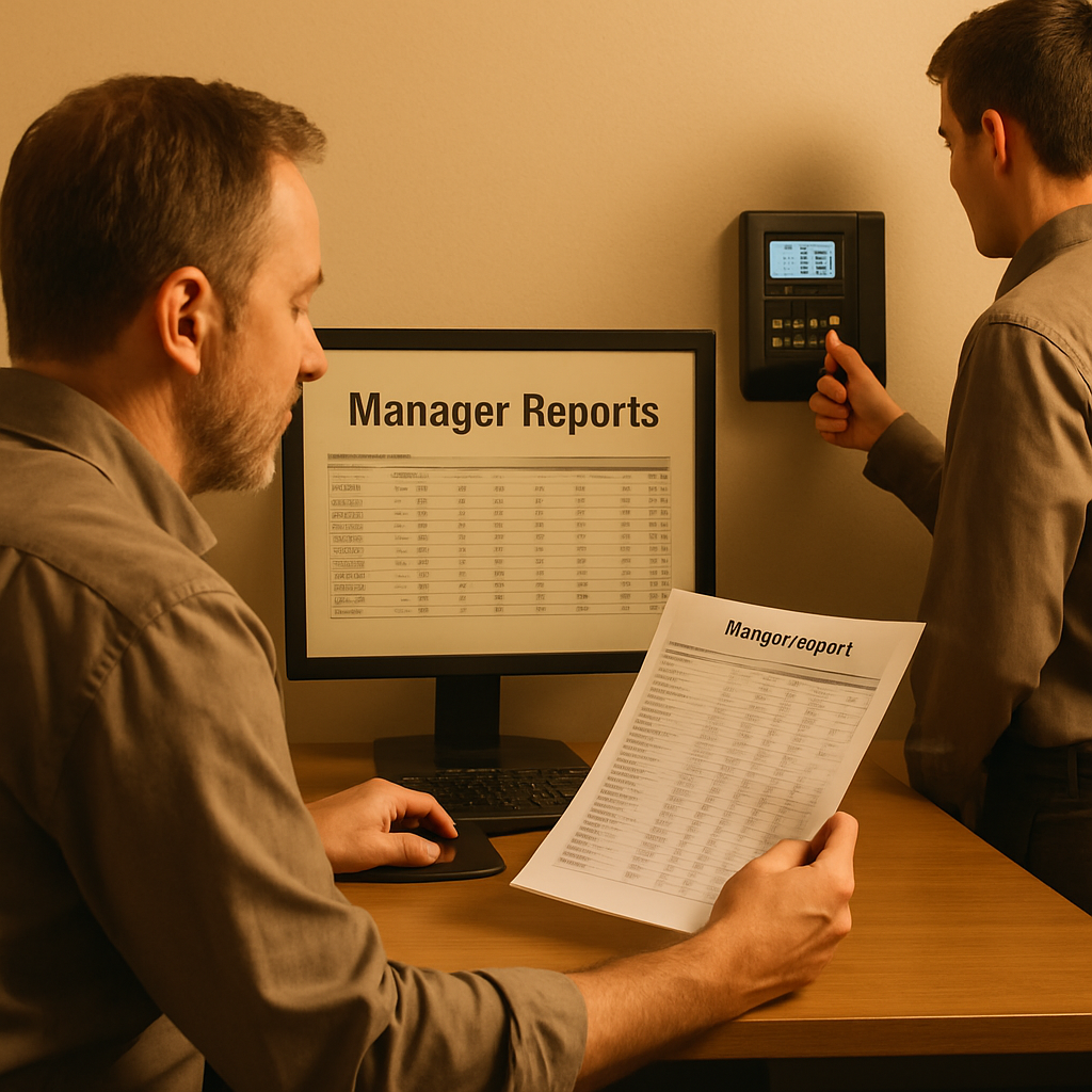Manager Reports employee time clock office scene